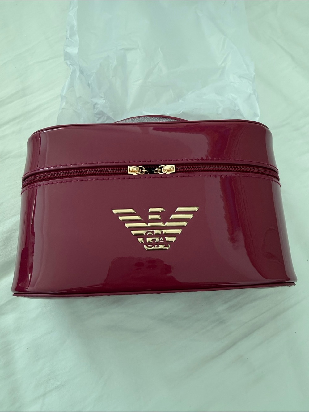 NWT: Emporio Armani Glossy Burgundy Cosmetic Case
